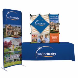 Banner, table top display, and table drape