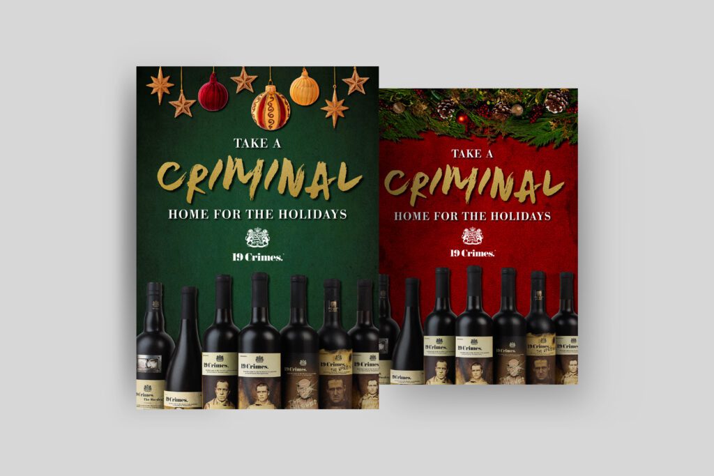 holiday and year-end print projects of 19 crimes wine ad