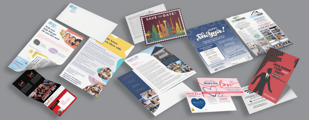 Collage of direct mail design pieces